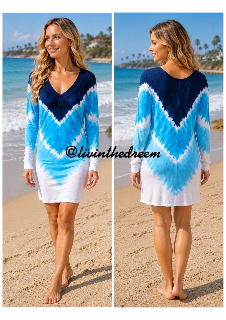 Venus Long Sleeve Lightweight V Neck Tie Dye Cover Up Dress SZ M $49